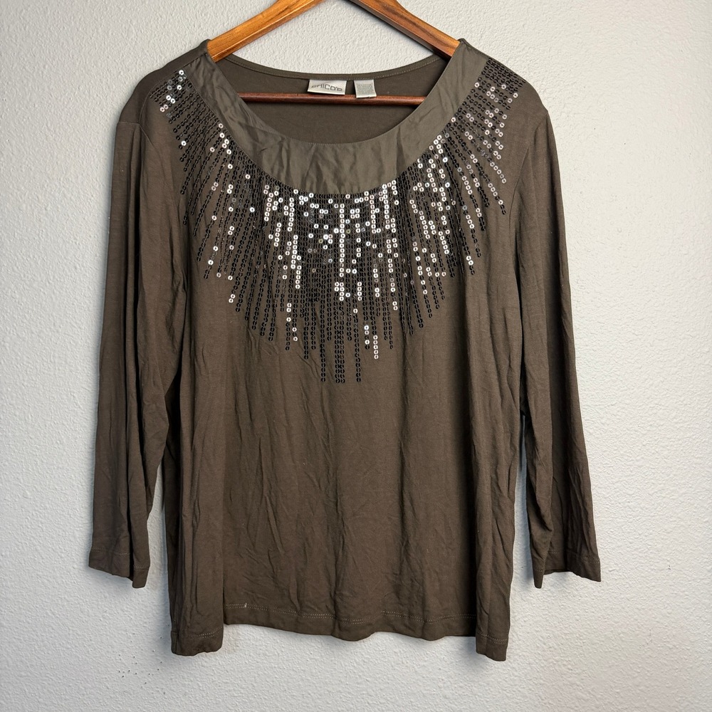 Chico's Chocolate Brown Sequin Embellished Wearable Art 3/4 Sleeve Top Size 3 XL